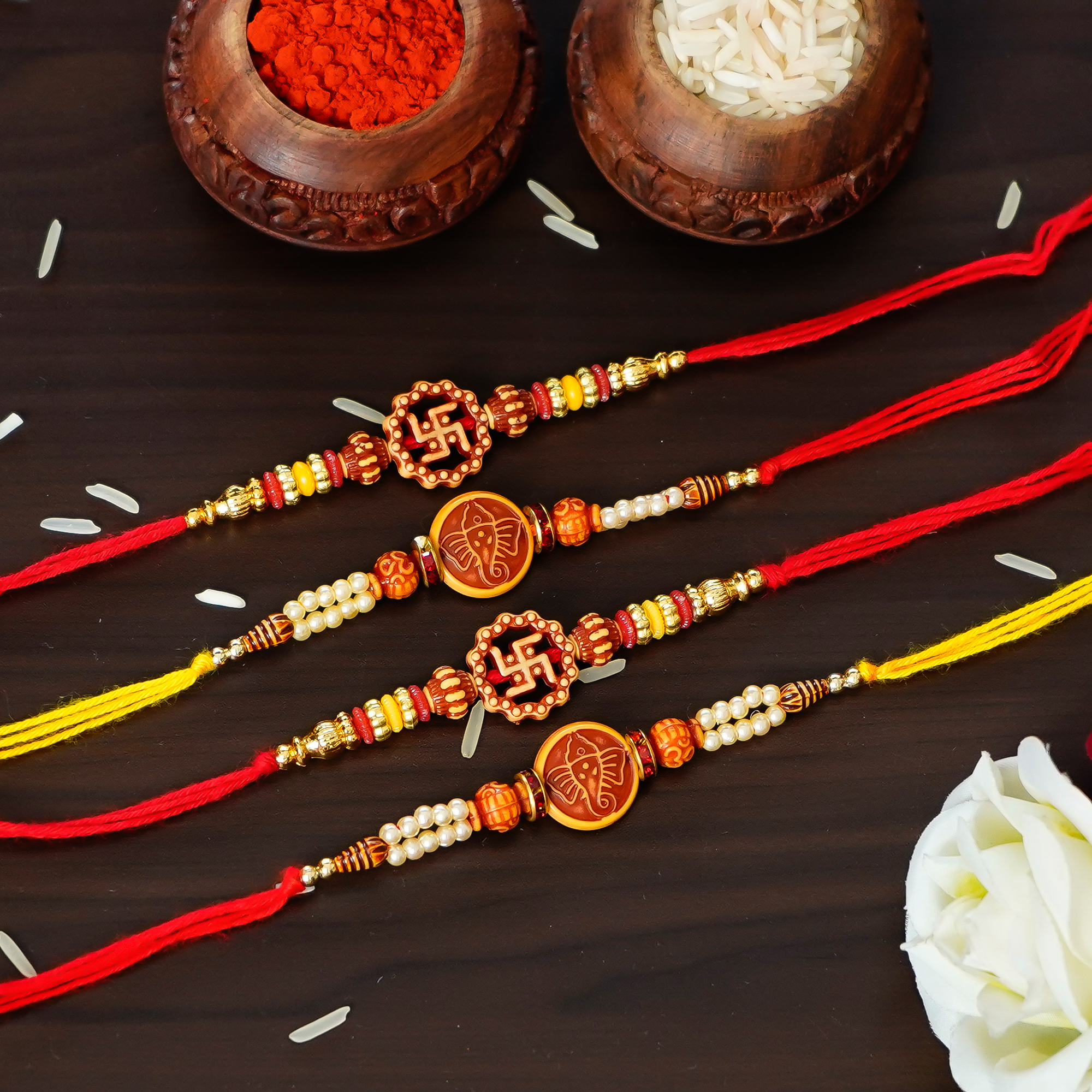 Designer Rakhi Set of 4 , Chawal Roli Pack | Bhaiya/Bhai Rakhi | Rakha Bandhan